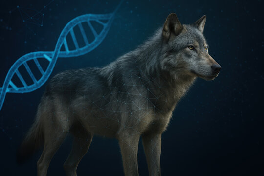 An artistic interpretation of a genetically engineered dire wolf, brought back from extinction after thousands of years.