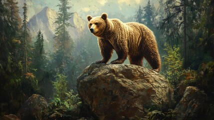 A majestic brown bear stands powerfully atop a rocky outcrop, overlooking a lush, misty forest landscape. Dramatic lighting enhances its imposing presence