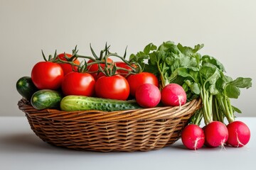 A wicker basket filled with fresh vegetables and vibrant produce