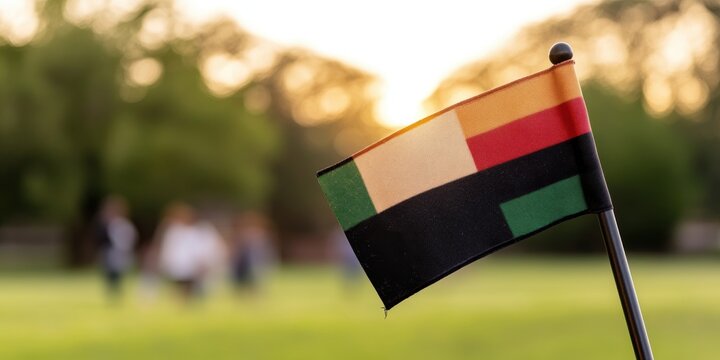 cultural celebration, african american flag in red, black, and green, proudly waving in the foreground, with a blurred background of festive family gathering