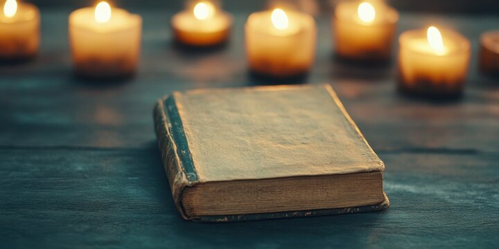 juneteenth historical book, vintage look book on juneteenth history with clear text in focus, set against soft background of candles and a memorial
