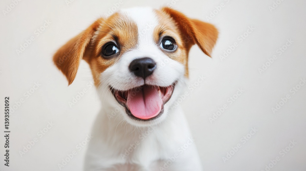 Poster happy corgi puppy playfully looking up with tongue out in a bright white studio setting