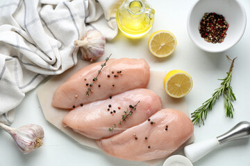 Board with raw chicken breast and different spices on white background