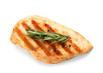 Tasty grilled chicken breast with rosemary on white background