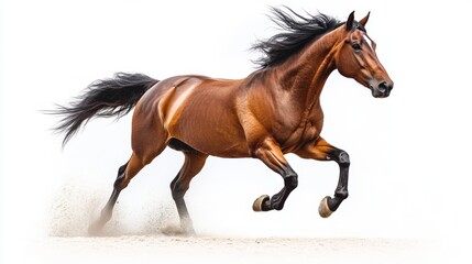 Obraz premium A powerful chestnut horse gallops dynamically, mane and tail flowing, kicking up dust against a white background. A stunning display of equine energy