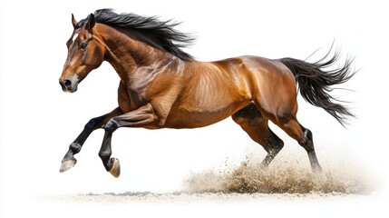 Fototapeta premium A powerful chestnut horse gallops mid-air, kicking up dust. Dynamic and majestic equine motion captured in a striking pose
