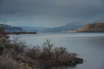 Beautiful and moody landscape at Columbia River Gorge in Oregon