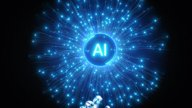 Robot Hand Activates Artificial Intelligence Generator. Abstract Ai Startup Illustration. Computer Finger Pushing Button, Neural Network Starts Working 3d Animation. Futuristic Technology Concept 4k.