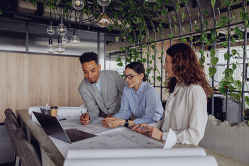 A diverse and creative team is energetically discussing their innovative plans in a stylish office...