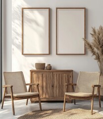 Modern minimalist living room with wooden furniture and framed artwork