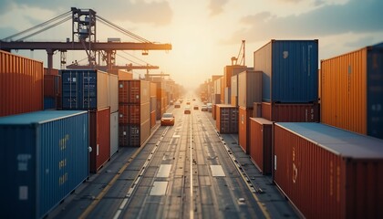 Fototapeta premium Row of shipping containers with cars driving on the road between them at the shipping yard at sunset
