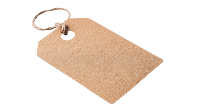 Textured tag with twine loop, on black background, cut out transparent