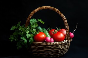 A woven basket filled with fresh ripe garden produce