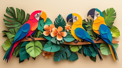 cut-paper style tropical birds and leaves in flat collage, abstract visual storytelling with texture on beige background