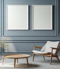 Modern, minimalist living room mockup with two blank frames, a light colored armchair and a light wooden coffee table