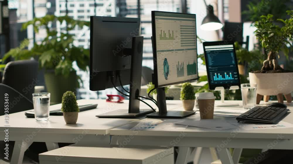 Poster business graphs and performance metrics on monitors in workplace, handheld camera shot. office desk 