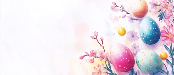 Watercolor Easter Eggs and Floral Corner with Copy Space