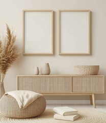 Beige minimalist living room with framed artwork and woven accents