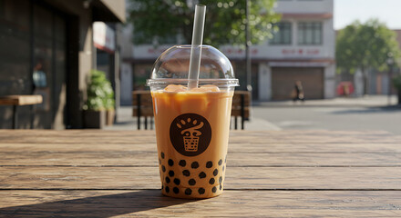 Bubble tea with tapioca pearls on outdoor table, urban background
