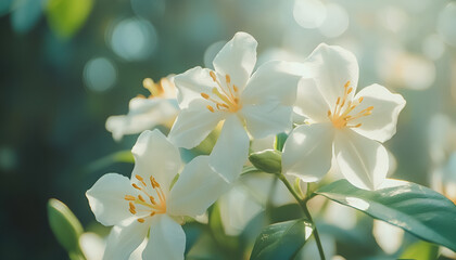 Obraz premium Delicate jasmine white flowers are blooming in a lush setting of green foliage