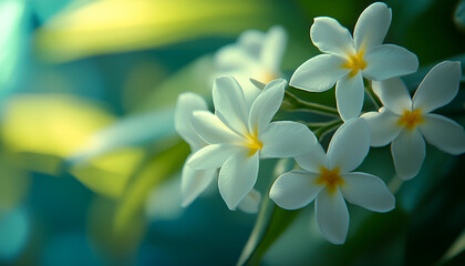 Obraz premium Delicate jasmine white flowers are blooming in a lush setting of green foliage