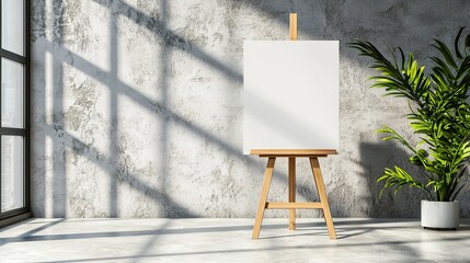A blank canvas on an easel in a sunlit room with large windows and lush greenery, creating a peaceful artistic atmosphere.