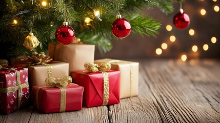 Christmas Tree with Gifts and Ornaments Festive Holiday Season