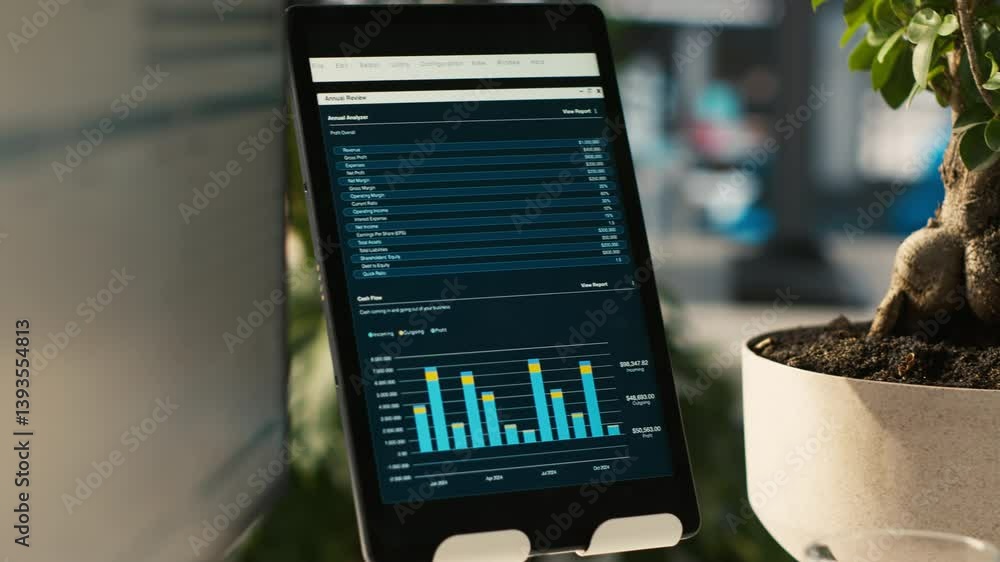 Poster close up of tablet screen on desk displaying financial graphs of company profits performance metrics