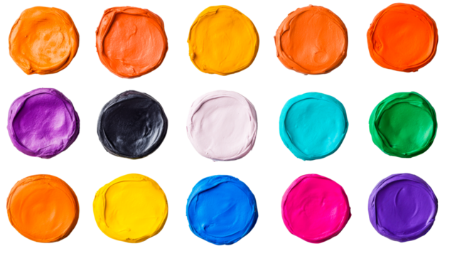 Fifteen vibrant colorful paint swatches, round shape isolated, cut out transparent