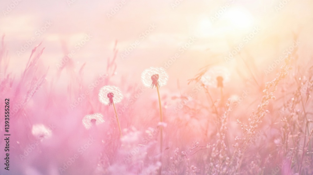 Poster floating dandelion seeds dancing in a pastel meadow under soft sunlight during a serene afternoon