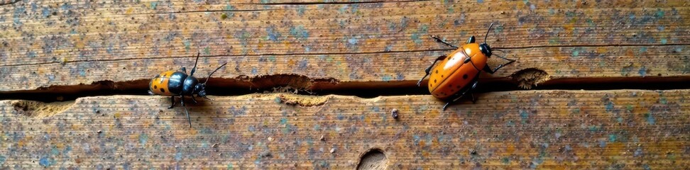 Damaged wooden plank with box elder or maple beetles, wood decay, wood rot