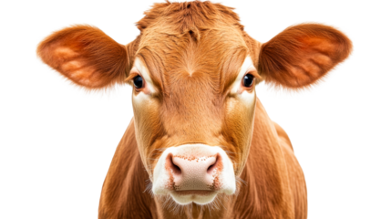 Brown cow portrait on transparent background, animal head shot, cut out transparent