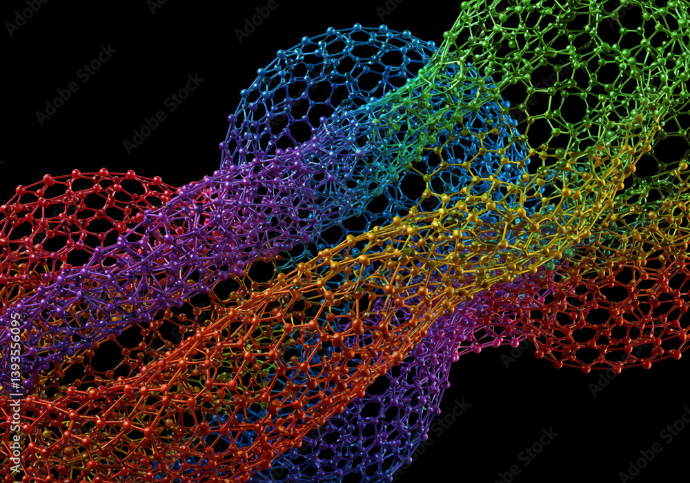 Poster vibrant 3d render of a rainbow-colored nanomaterial structure on black background.