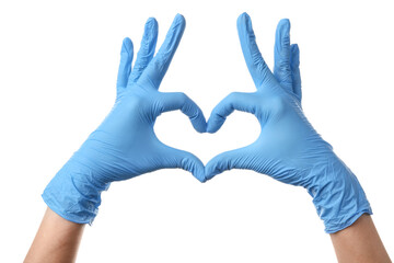 Female hands in medical gloves making heart gesture on white background