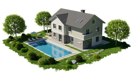 A realistic house with pool and garden on a pure white background, highly detailed, vibrant color, fresh texture, natural lighting, ultra high definition, stock photography style