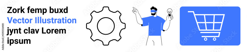 Poster man holding lightbulb emphasizing innovation, next to a gear symbolizing operations, and a shopping 