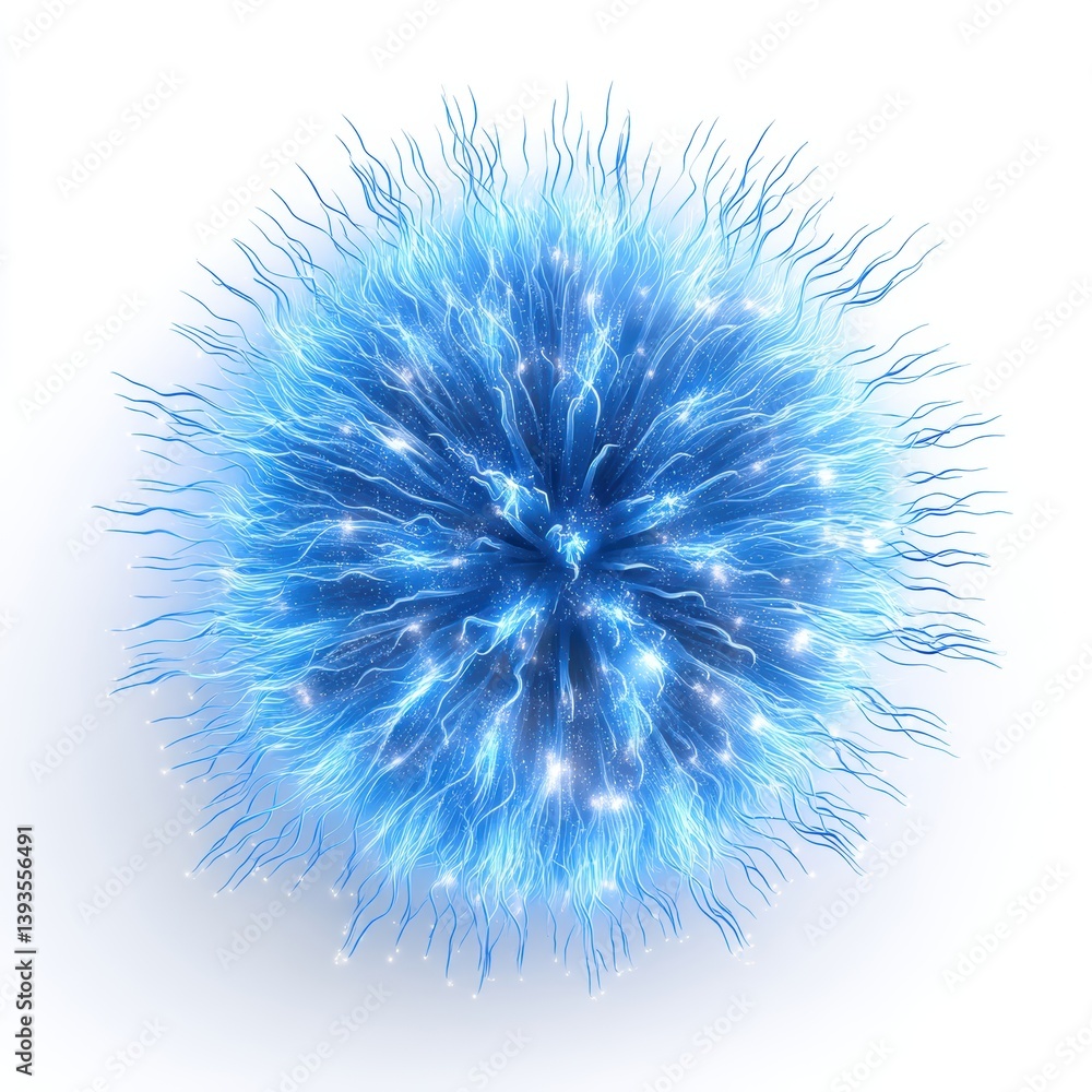 Poster fireworks display cheer concept. abstract blue spherical structure with intricate, spiky extensions 