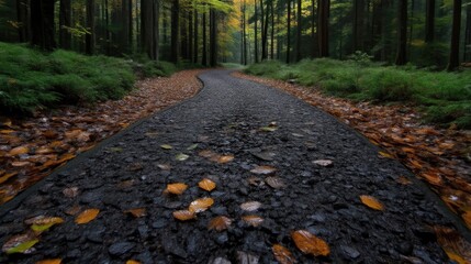 Autumnal forest path.  Fallen leaves cover a winding road through a misty wood