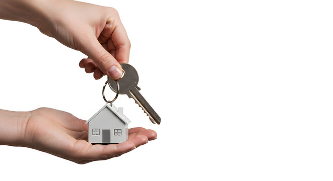 A realistic key handover for a new home on a pure white background, highly detailed, vibrant color, fresh texture, natural lighting, ultra high definition, stock photography style