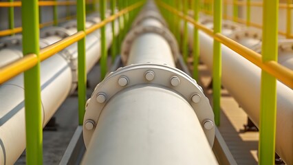 A close up view of industrial pipes with bolted flanges running along a metal support structure