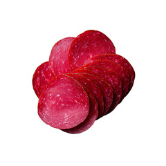 Fototapeta premium Stack of fresh red salami slices on transparent background