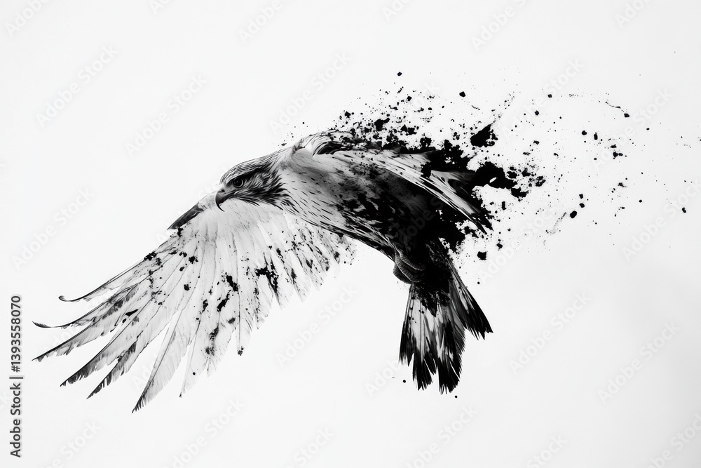 Poster Hawk diving through air with flowing feathers against a white background capturing dynamic movement and graceful agility