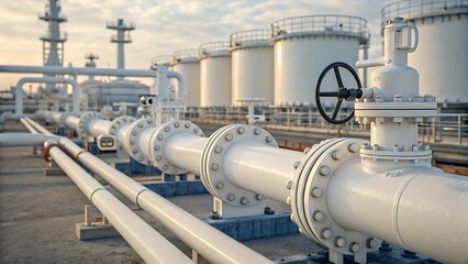 A close up of white industrial pipes and storage tanks at an industrial complex on a bright day