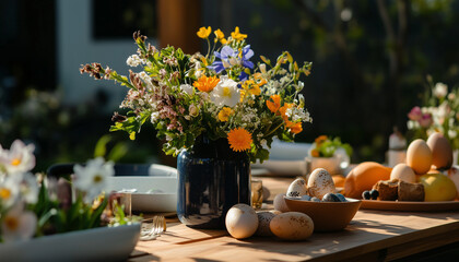 Outdoor Easter Table Setting with Flowers and Eggs