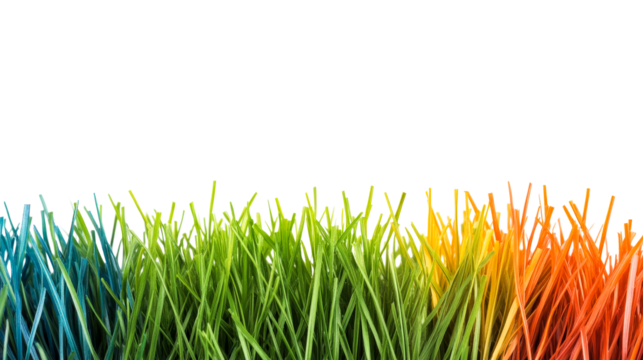 Rainbow colored grass, color gradient, green grass blades, isolated, cut out transparent