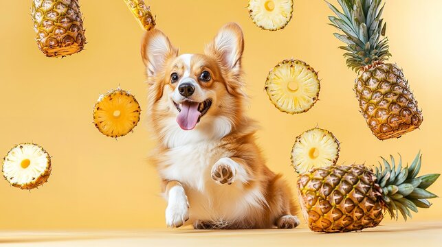 Joyful corgi surrounded by pineapples on yellow background
