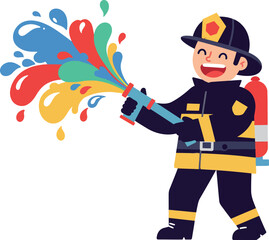 Cheerful firefighter spraying colorful water from a hose in a flat vector illustration