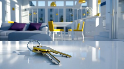 Keys on a white table with a modern living room in the background with yellow accents and purple pillows