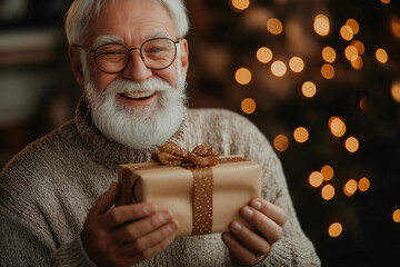 Elderly man smiling while unwrapping gift in cozy holiday light