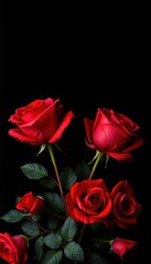 Fototapeta premium Crimson roses against a deep black backdrop; vintage aesthetic, ample negative space, romantic, photography